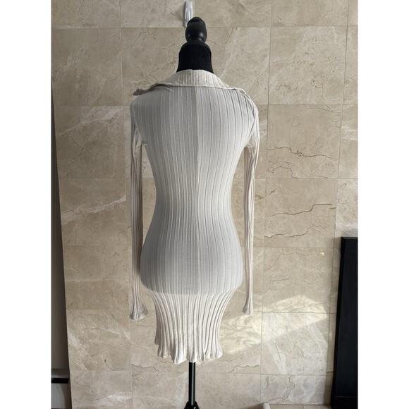 Reformation Vittoria Mini Dress Small Cream Ribbed Bodycon Collared Long Sleeve - Picture 9 of 11